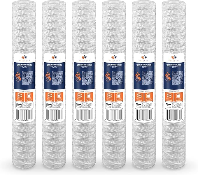 Aquaboon 5 Micron 20 x 2.5 Whole House String Wound Water Filter Replacement Cartridge for Well Water Filtration Compatible with WP5BB20P, 6-Pack
