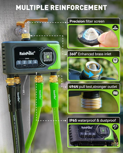 RAINPOINT WiFi Sprinkler Timer 4 Zone, Outdoor Smart Water Timer for Garden Hose with Brass Inlet&Outlet, Custom Programs via APP/Voice Control for Automatic Watering System