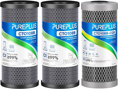 PUREPLUS 3-Pack Whole House Water Filter Set – Includes 2 x CTO10BB Carbon Block Filters and 1 x CTO10BB-CQB Enhanced Lead Reduction Filter, Fits Standard 10" x 4.5" Filter Housings