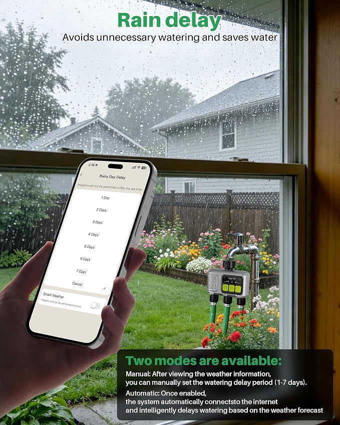 WiFi Water Timer 3 Outlet for Garden Hose, Smart Sprinkler Controller with 984ft RF Range, Smart Lawn Watering System Irrigation Timer, APP/Voice Control, Rain Delay, Manual Irrigation