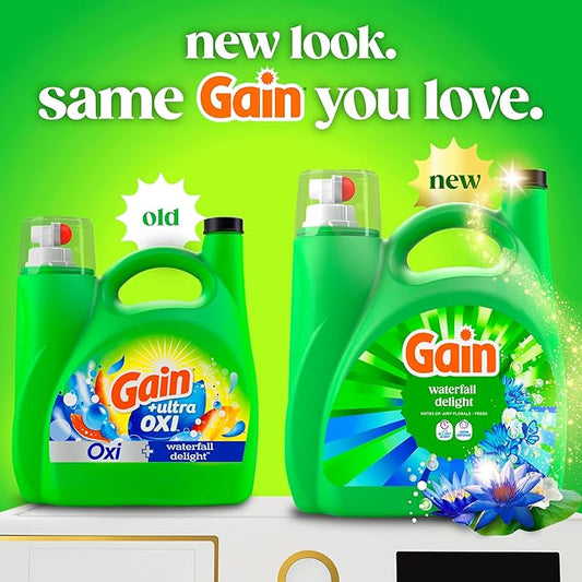 Gain Ultra Oxi Liquid Laundry Detergent, Waterfall Delight Scent, 177 fl oz, Freshness + Odor Fighting, High Efficiency Washing Machine Liquid Cleaning Soap, 134 Loads (Packaging May Vary)