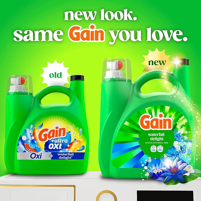 Gain Liquid Laundry Detergent, Now with Odor Defense, Waterfall Delight Scent, 132 fl oz, 100 Loads (Packaging May Vary)