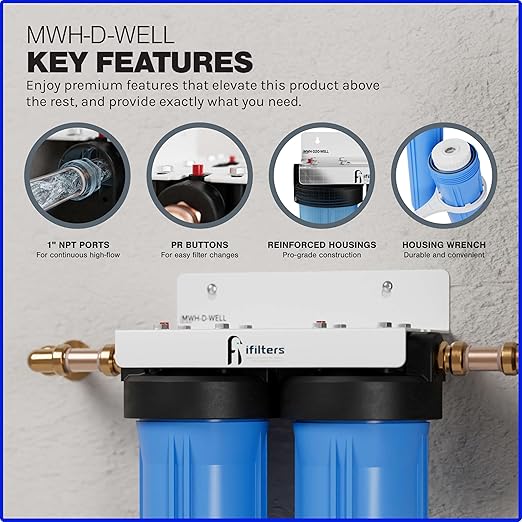 iFilters 2-Stage 10" Well Water Whole House Filtration Complete Commercial Grade System | Removes Sediment, Chlorine, Rust, Odor, Taste, Iron, Heavy Metals | Dual Stage with 1" Ports