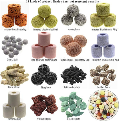 Aquarium Filter Media 15-in-1 Mineral Balls & Ceramic Rings - 500g with Zippered Mesh Bag for Fish Tank/Pond Filters