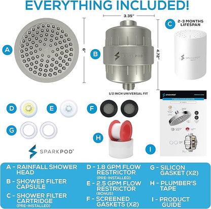 SparkPod Luxury Filtered Shower Head Set 23 Stage Shower Filter - Reduces Chlorine and Heavy Metals - High Pressure Showerhead Filter (6" Round, Elegant Brushed Nickel)