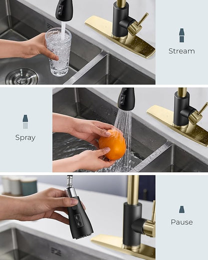 FORIOUS Kitchen Faucets with Soap Dispenser and Pull Down Sprayer, Bar High Arc Single Handle Classic 3 Modes Stainless Steel Faucet for Kitchen Sink Farmhouse RV Laundry Camper, Black Gold