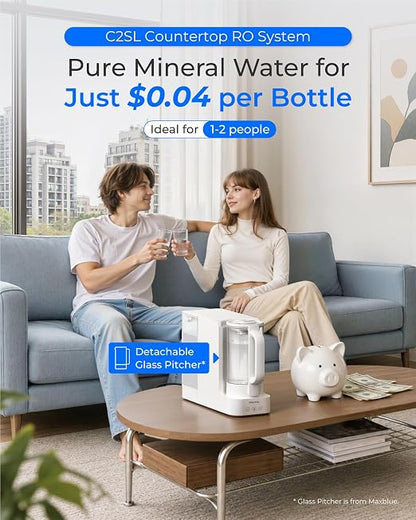 Waterdrop C2SL Reverse Osmosis Water Filter Countertop, Mineral RO System | 7-Stage RO Water Filtration System with Autofill Glass Pitcher, NSF/ANSI 372 Certified, 3:1 Pure to Drain, Compact Design