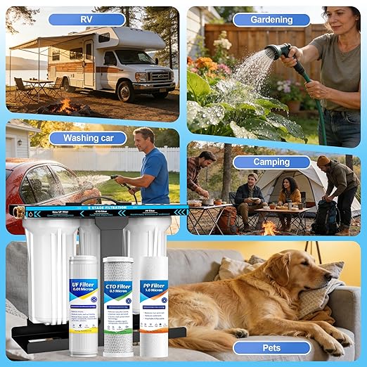 RV Water Filter System,5-Stage RV Water Filter System 0.01 Micron Filtration, 1/2"Inlet/Outlet, Reduces Sediments, Chlorine, VOCs, Heavy Metals & Odors, Ideal for RVs, Campers, Travel Trailers, Boats