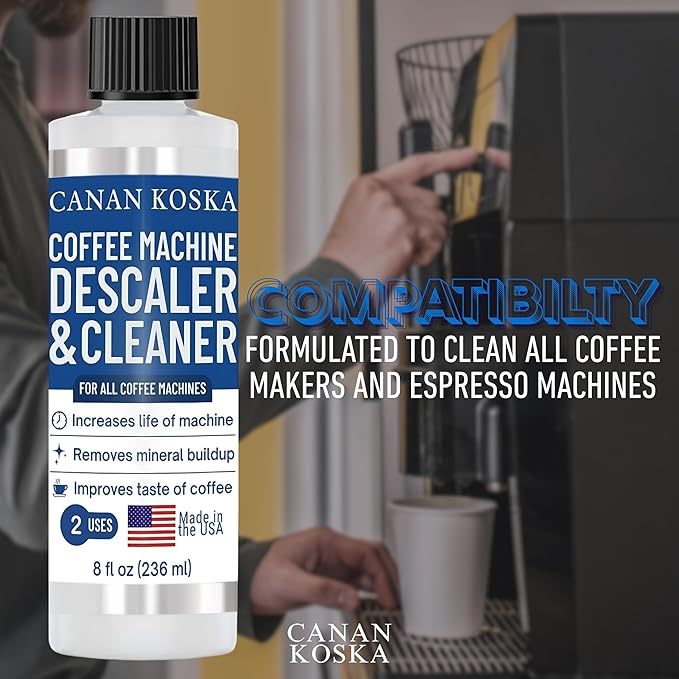 Coffee Machine Descaler 8 oz – Universal Descaling Solution for All Coffee Makers Drip Machines – Removes Limescale Calcium Buildup – 2 Uses (1, 8 Fl Oz (Pack of 1))