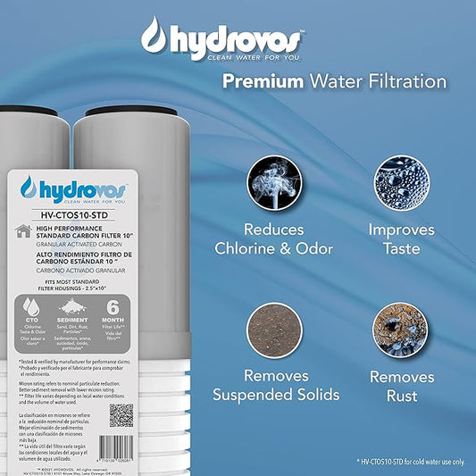 HYDROVOS 10" x 2.5" Whole House Water Filter, CTO Carbon Water Filter Replacement, High Efficiency 2-in-1 GAC & PP Removes Sediment, Chlorine, Pack of 4