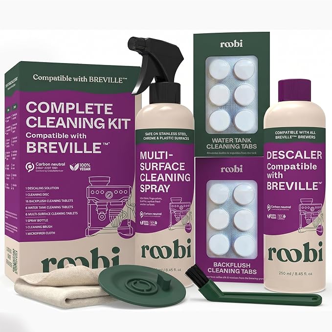 Roobi Espresso Complete Cleaning Kit Compatible with Breville | Descaling Solution, Espresso Cleaning Tablets, Water Tank Tabs, Multi-Surface Cleaner, 54mm Disc, Brush & Cloth