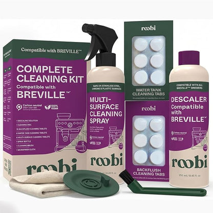 Roobi Espresso Complete Cleaning Kit Compatible with Breville | Descaling Solution, Espresso Cleaning Tablets, Water Tank Tabs, Multi-Surface Cleaner, 54mm Disc, Brush & Cloth