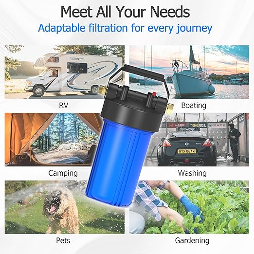 HHB10 RV Water Filter System with 0.2 Micron 2-in-1 Composite Filter, Removes Sediments, Chlorine, VOCs, Heavy Metals, Bad Taste & Odor, Ideal for RVs, Campers, Travel Trailers and Boats