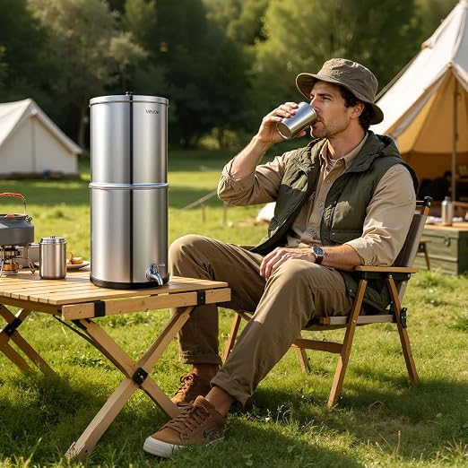VEVOR Gravity-fed Water Filter System, 3G 304 Stainless-Steel Countertop Water Filtration System, Reduces Lead and up to 99% of Chlorine, with 2 Ceramic Carbon Filters, and Spigot, for Home Camping RV