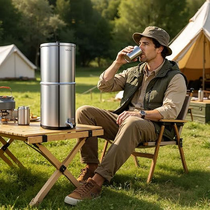 VEVOR Gravity-fed Water Filter System, 3G 304 Stainless-Steel Countertop Water Filtration System, Reduces Lead and up to 99% of Chlorine, with 2 Ceramic Carbon Filters, and Spigot, for Home Camping RV