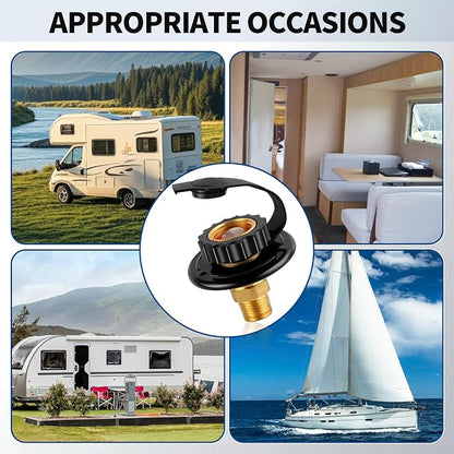 RV City Water Fill Inlet Flange Check Valve Water Hookup Connector 3/4 NH Female to 1/2 NPT Male Mount Lead-Free Brass Flush RV Water Backflow Preventer with Dust Plug for RV Camper Motorhome