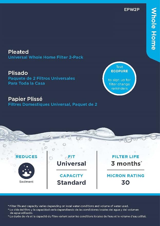 EcoPure EPW2P Pleated Universal Whole Home Water Filter – Fits Standard Capacity Systems – NSF Certified-– 30 Micron-– Reduces Sediment,Sand,Dirt & Rust-– 3-Month Life per Filter,(Pack of 24)
