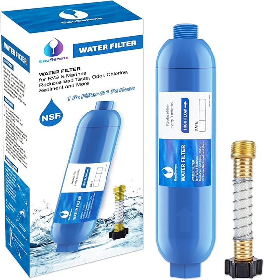 RV Water Filter Kit, Inline Carbon Filter with Flexible Hose | Reduces Chlorine, Sediment, Bad Taste and Odor, Food-Grade Materials, Easy Connection for RVs, Boats and Campers
