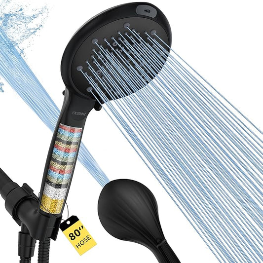 FASDUNT Filtered Shower Head with Handheld, High Pressure 8-Mode Handheld Showerhead with Filters for Hard Water -Remove Chlorine, Built-in Power Wash, 80" Long Hose & Adjustable Bracket, Black