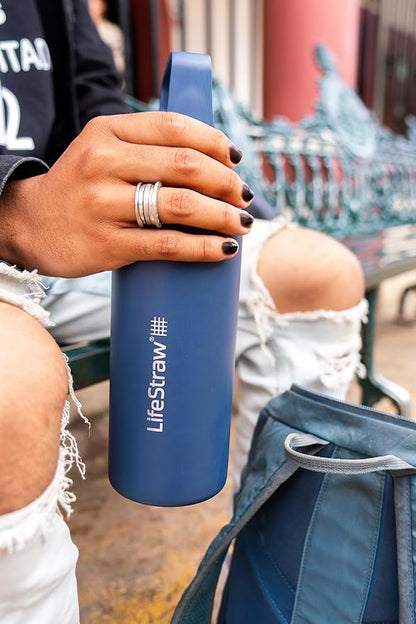 LifeStraw Go Series – Insulated Stainless Steel Water Filter Bottle for Travel and Everyday Use, Removes Bacteria, Parasites and Microplastics, Improves Taste, 24oz Thistle Purple