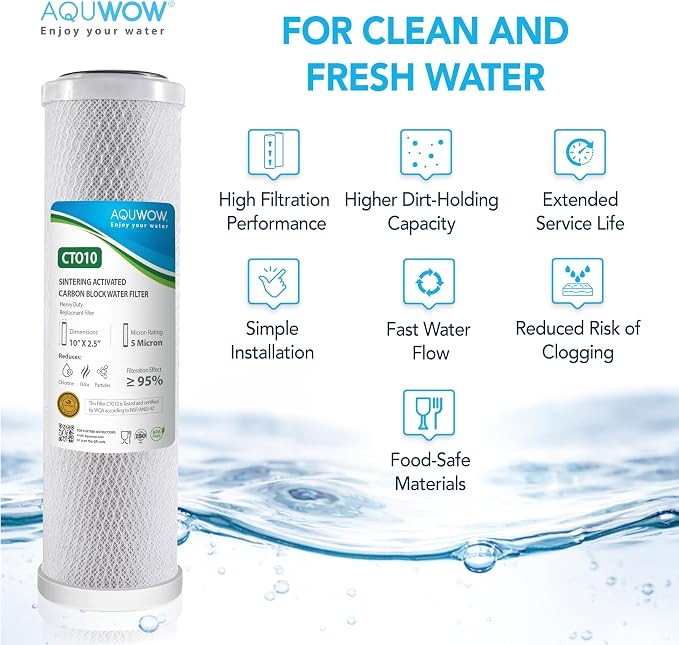 CTO10 5 Micron 2.5" x 10" Carbon Block Water Filter Set – Replacement Cartridges for Whole House and Under Sink Systems, Universal Standard Size (2, 10 x 2.5)