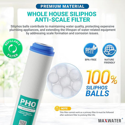 20" Slim Blue Whole House Whole House Anti Scale Filter Set - 20" x 2.5" Polypropylene Sediment, Phosphate Anti-Scale, CTO Carbon Block Water Filter pack, Total of 3 Filters