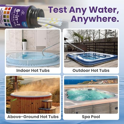 Hot Tub & Spa Test Strips 6-in-1 (100-Pack) - Accurately Monitors pH, Free/Total Chlorine, Alkalinity, Hardness, and Cyanuric Acid - Perfect for Chlorine-Based Spas and Jacuzzis (Not for Bromine)