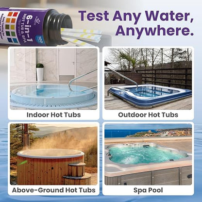 Hot Tub & Spa Test Strips 6-in-1 (100-Pack) - Accurately Monitors pH, Free/Total Chlorine, Alkalinity, Hardness, and Cyanuric Acid - Perfect for Chlorine-Based Spas and Jacuzzis (Not for Bromine)