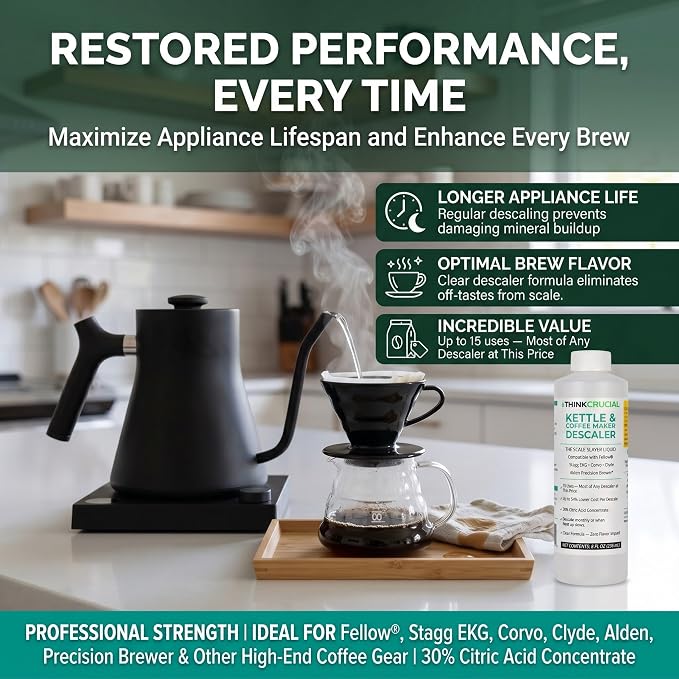 Think Crucial Kettle & Coffee Maker Descaler, 15 Uses, Best Value Per Descale — Compatible with Fellow, Stagg EKG, Corvo, Clyde, Aiden Brewer — Unscented Clear Liquid — 8 fl oz
