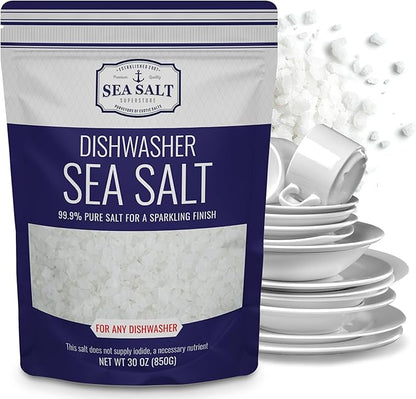 Dishwasher Salt, Natural Water Softener, Food Grade Coarse Sea Salt Compatible with Miele, Thermador, Whirlpool, & Bosch Dishwasher, 30 oz Bag