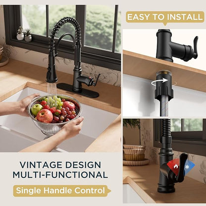 FORIOUS Black Kitchen Faucet with Pull Down Sprayer, Stainless Steel Single Handle Spring Antique Kitchen Sink Faucet with Deck Plate for 1 or 3 Holes, Sutiable for Farmhouse, RV, Camper, Wet Bar