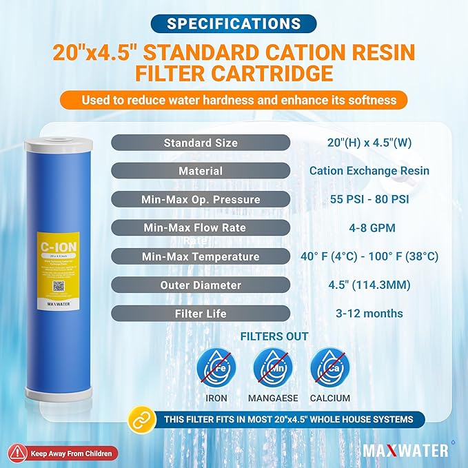 (1 Pack) Calcium, Magnesium TDS Hardness Reduction Water Softening 20" x 4.5" Cation Resin Filter Compatible with 20" BB Whole House Water Filter Systems
