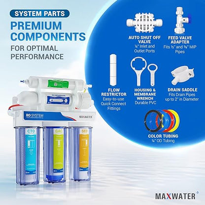 Max Water 5 Stage 50 GPD (Gallon Per Day) RO (Reverse Osmosis) Standard Water Filtration System - Under-Sink/Wall Mount (Without Tank & Faucet) - Model: RO-5C3