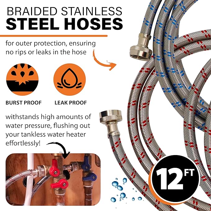 Chromex Tankless Water Heater Flush Kit, Extra Long 12 Ft Hoses with Certified Liquid Descaling Solution and 1/6HP Extra Strength Pump