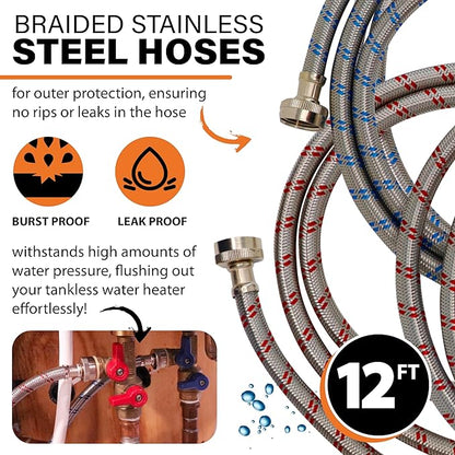 Chromex Tankless Water Heater Flush Kit, Extra Long 12 Ft Hoses with Certified Liquid Descaling Solution and 1/6HP Extra Strength Pump