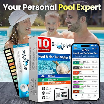 10-in-1 Pool & Spa Water Test Kit with App, Hot Tub, Saltwater, Chlorine, Cyanuric Acid, Alkalinity, Hardness, pH, Nitrate, Sulfate, Digital Water Quality Testing Strips (DXPOOL-R10-S10)