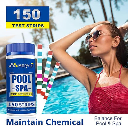 7-Way Pool Test Strips,150 Strips Pool and Hot Tub Test Strips,Accurate Test Bromine,Total Alkalinity,pH,Free Chlorine,Total Hardness,Cyanuric Acid and Total Chlorine Pool Spa Water Test Strips
