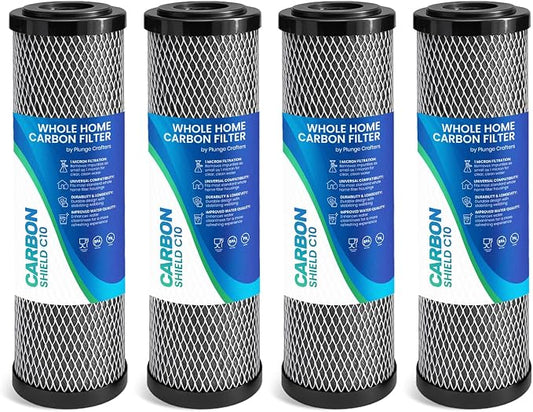 1 Micron 10" x 2.5" Activated Carbon Whole House Water Filter Replacement Charcoal Block Cartridge Set - Coconut Shell Carbon - Fits Whole Home/Under-Sink Systems, Reduces Chlorine & Odor - 4-Pack