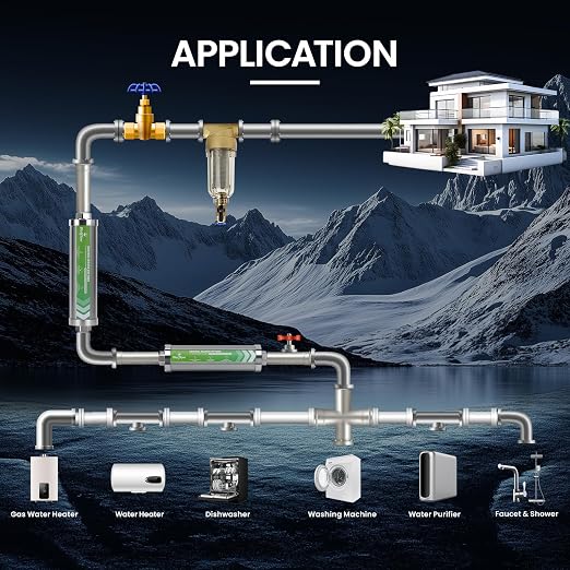 Salt-Free Water Descaler Sysrem – Central Whole-House Water Softener, 3/4" NPT, Polarization System, Prevents Scale Without Salt or Chemicals