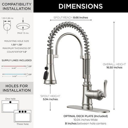 FORIOUS Kitchen Faucet with Pull Down Sprayer, Stainless Steel Single Handle Spring Antique Kitchen Sink Faucet with Deck Plate, Sutiable for Farmhouse, RV, Camper, Wet Bar, Brushed Nickel