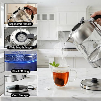OVENTE Electric Kettle, 1.8L Tea Kettle and Hot Water Boiler For Coffee or Tea, Easy to Fill Lid, Auto Shut-Off, Borosilicate Glass with Stainless Steel Filter, 1500W, BPA Free, Silver KG71S