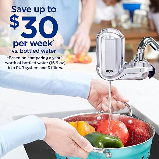 PUR Plus Vertical Faucet Mount Water Filtration System, Lead-Reducing Filter, Great-Tasting, Easy Install, Lasts 100 Gallons, Faucet Water Filter, Compatible with Sinks with External Aerators, Chrome