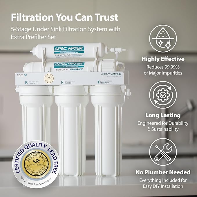 APEC Water Systems ROES-50 Essence Series Top Tier 5-Stage WQA Certified Ultra Safe Reverse Osmosis Drinking Water Filter System with Extra High Capacity Pre-Filter Set Stage 1-3