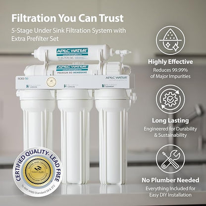 APEC Water Systems ROES-50 Essence Series Top Tier 5-Stage WQA Certified Ultra Safe Reverse Osmosis Drinking Water Filter System with Extra High Capacity Pre-Filter Set Stage 1-3