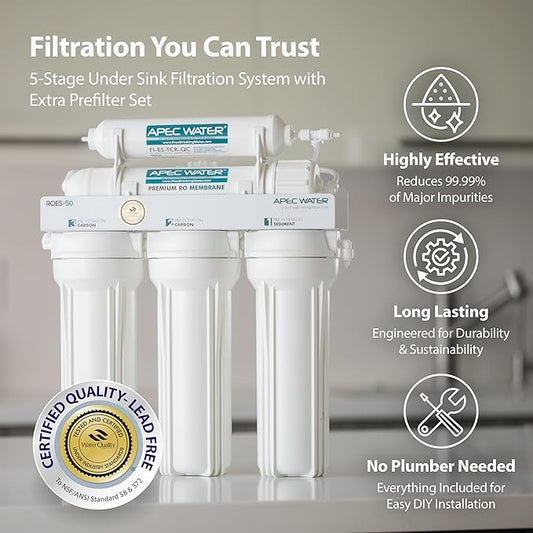 APEC Water Systems ROES-50 Essence Series Top Tier 5-Stage WQA Certified Ultra Safe Reverse Osmosis Drinking Water Filter System with Extra High Capacity Pre-Filter Set Stage 1-3