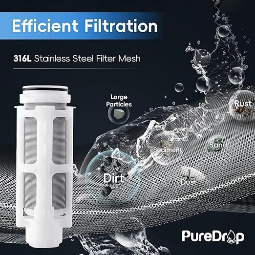 PureDrop PDR-50WSP Spin Down Sediment Filter, Reusable Whole House Sediment Water Filter for Well Water, 50-Micron Flushable Prefilter Filtration System with Scraper, 1" MNPT + 3/4" FNPT