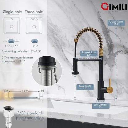 GIMILI Black and Gold Kitchen Faucet with Pull Down Sprayer Single Hole Stainless Steel Sink Faucet, Suitable for Farmhouses, RV, Laundry Room, Outdoor, and Campers. Llave para fregadero de cocina