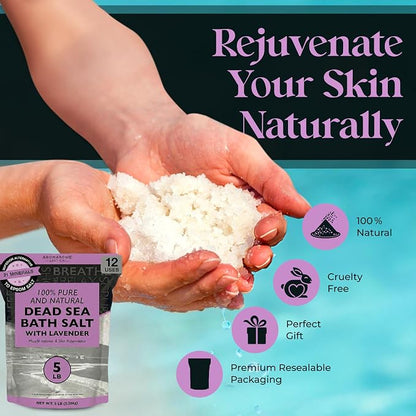 Aromasong Pure Dead Sea Salt for Soaking with 100% Natural Lavender, 5 LB - Spa Bath Salt Fine Grain - Body Wash Scrub - Soak for Women & Men- Bulk Resealable Pack (Packaging May Vary)