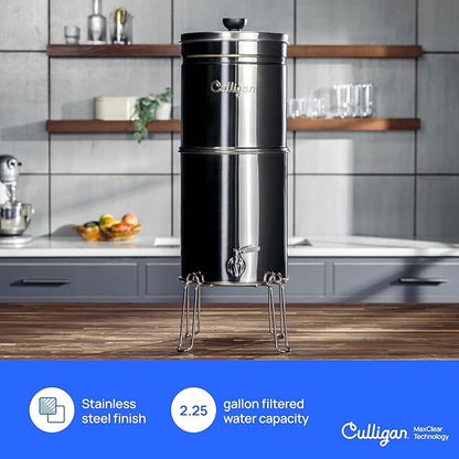 Culligan MaxClear 2.25 Gallon Gravity Water Filter System, Polished Stainless-Steel Countertop Water Filter NSF/ANSI Certified to Reduce Microplastics, Lead & Total PFAS, with 2 Ceramic Filter