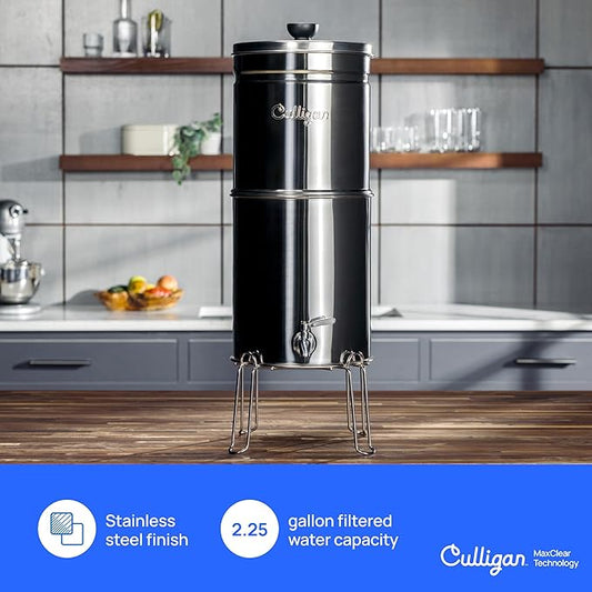 Culligan MaxClear 2.25 Gallon Gravity Water Filter System, Removes Microplastics, PFAS & Lead, NSF/ANSI Certified, Polished Stainless-Steel Countertop Filter with 1 Ceramic Filter